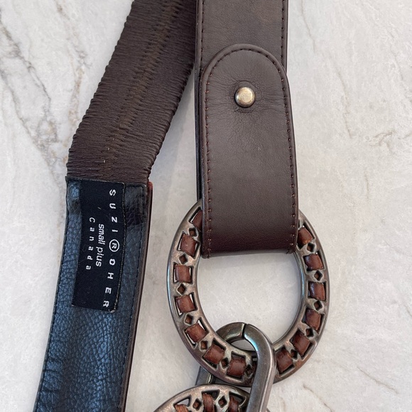 SUZI ROHER Dark Brown Leather Belt with Nickel Metal Ring Accents, Size 34-35" - Picture 10 of 15